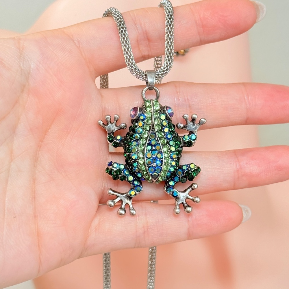 Silver Frog Pendant Necklace with Crystals - Picture 6 of 8